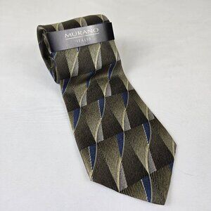 Murano Italia 100% Silk Men's Tie Green Blue Cream Wavy Striped Pattern NWT